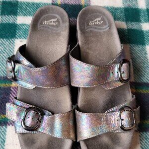 Dansko Silver Iridescent Leather Sandal Slides Sz 39